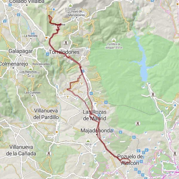 Map miniature of "Pozuelo de Alarcón - Las Rozas de Madrid (Gravel)" cycling inspiration in Comunidad de Madrid, Spain. Generated by Tarmacs.app cycling route planner