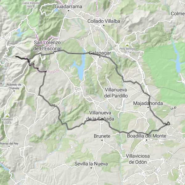 Map miniature of "Pozuelo de Alarcón - Mirador del Cotoblanco Extended" cycling inspiration in Comunidad de Madrid, Spain. Generated by Tarmacs.app cycling route planner