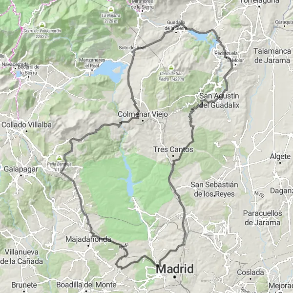Map miniature of "Road Route: Las Rozas de Madrid to Panoramic Madrid" cycling inspiration in Comunidad de Madrid, Spain. Generated by Tarmacs.app cycling route planner