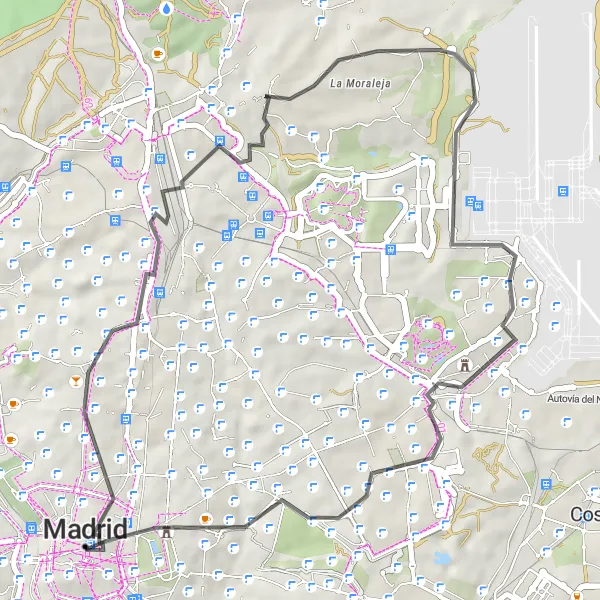 Miniatua del mapa de inspiración ciclista "Excursión en Carretera por La Moraleja y Barajas" en Comunidad de Madrid, Spain. Generado por Tarmacs.app planificador de rutas ciclistas