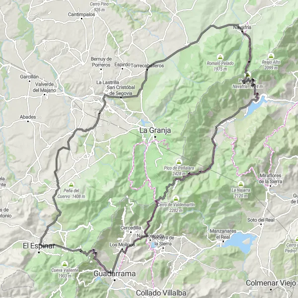 Map miniature of "Scenic Road Cycling Adventure" cycling inspiration in Comunidad de Madrid, Spain. Generated by Tarmacs.app cycling route planner