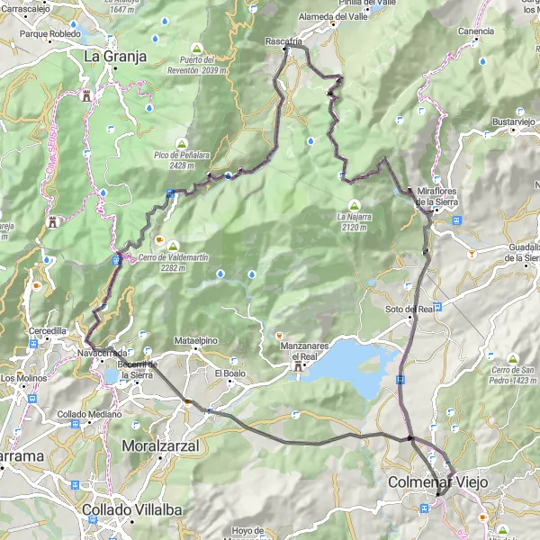 Map miniature of "Hasta la Cima" cycling inspiration in Comunidad de Madrid, Spain. Generated by Tarmacs.app cycling route planner