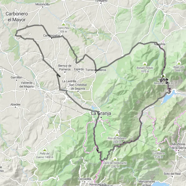 Miniatua del mapa de inspiración ciclista "Ruta de Carretera por Rascafría" en Comunidad de Madrid, Spain. Generado por Tarmacs.app planificador de rutas ciclistas