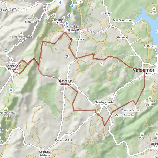 Miniatua del mapa de inspiración ciclista "Ruta de Robledo de Chavela a Valquemado" en Comunidad de Madrid, Spain. Generado por Tarmacs.app planificador de rutas ciclistas