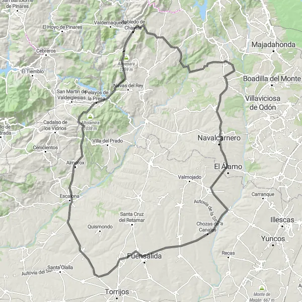 Miniatuurkaart van de fietsinspiratie "Uitdagende wegrit door het platteland" in Comunidad de Madrid, Spain. Gemaakt door de Tarmacs.app fietsrouteplanner