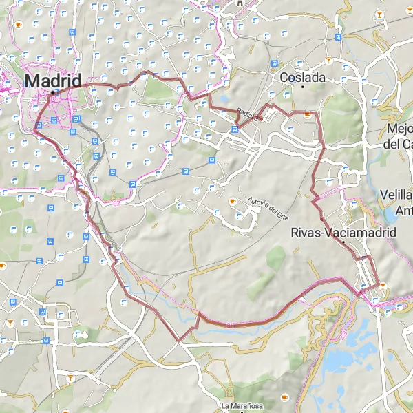 Miniatua del mapa de inspiración ciclista "Ruta de Grava por Madrid Este" en Comunidad de Madrid, Spain. Generado por Tarmacs.app planificador de rutas ciclistas