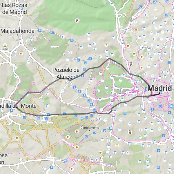 Miniatua del mapa de inspiración ciclista "Ruta por carretera de Madrid a Cuartel de San Gil" en Comunidad de Madrid, Spain. Generado por Tarmacs.app planificador de rutas ciclistas