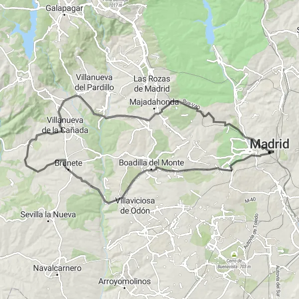 Miniatua del mapa de inspiración ciclista "Ruta por carretera de Madrid a Mirador del Cotoblanco" en Comunidad de Madrid, Spain. Generado por Tarmacs.app planificador de rutas ciclistas