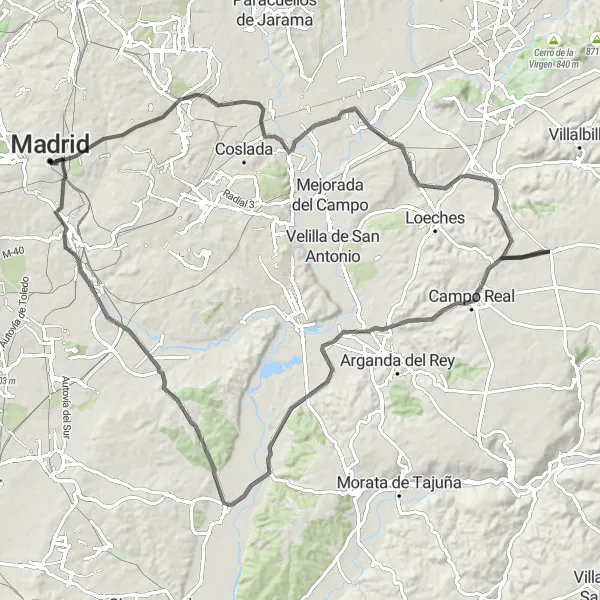 Miniatua del mapa de inspiración ciclista "Vuelta a Madrid Road Trip" en Comunidad de Madrid, Spain. Generado por Tarmacs.app planificador de rutas ciclistas