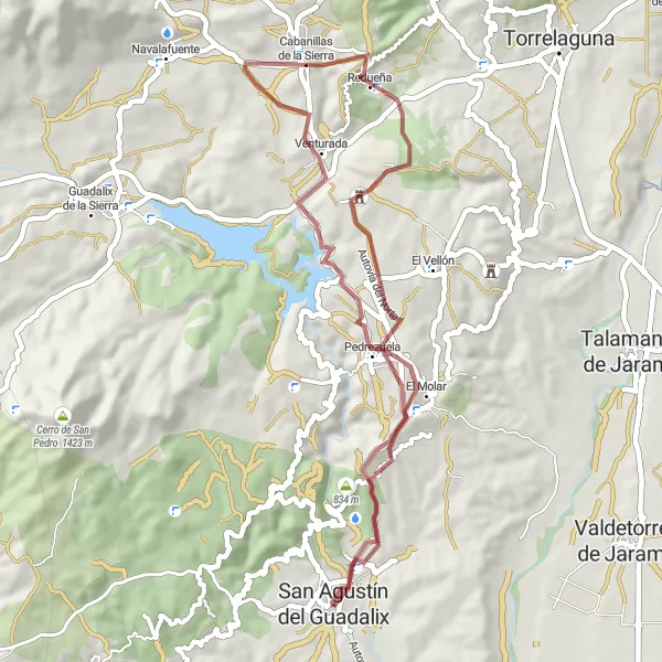 Miniatuurkaart van de fietsinspiratie "Avontuurlijke gravelroute vanuit San Agustín del Guadalix" in Comunidad de Madrid, Spain. Gemaakt door de Tarmacs.app fietsrouteplanner