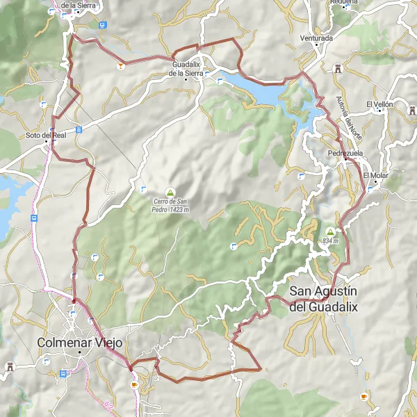 Map miniature of "Soto del Real and Pedrezuela Gravel Adventure" cycling inspiration in Comunidad de Madrid, Spain. Generated by Tarmacs.app cycling route planner