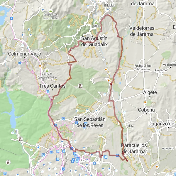 Map miniature of "Valdebebas and Soto de Viñuelas Gravel Loop" cycling inspiration in Comunidad de Madrid, Spain. Generated by Tarmacs.app cycling route planner
