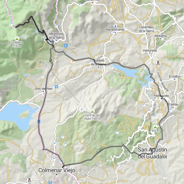 Map miniature of "Challenging ride through Colmenar Viejo and Guadalix de la Sierra" cycling inspiration in Comunidad de Madrid, Spain. Generated by Tarmacs.app cycling route planner