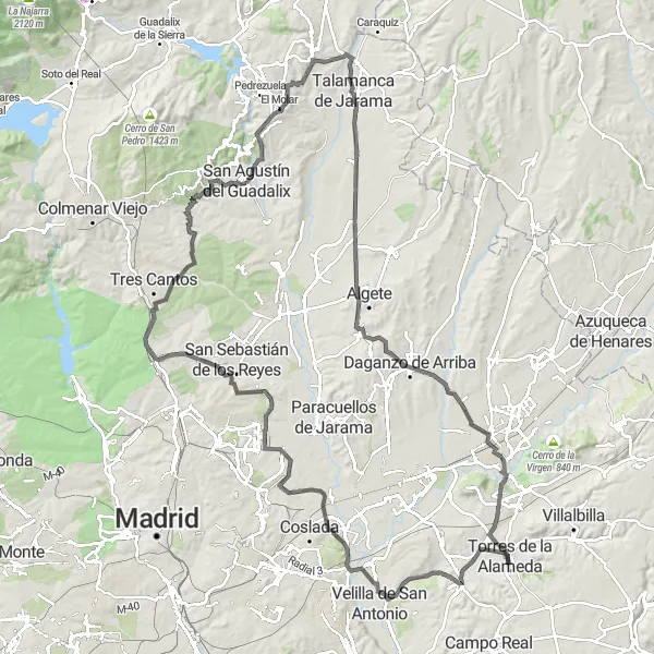 Map miniature of "Loop through San Agustín del Guadalix and surrounding villages" cycling inspiration in Comunidad de Madrid, Spain. Generated by Tarmacs.app cycling route planner