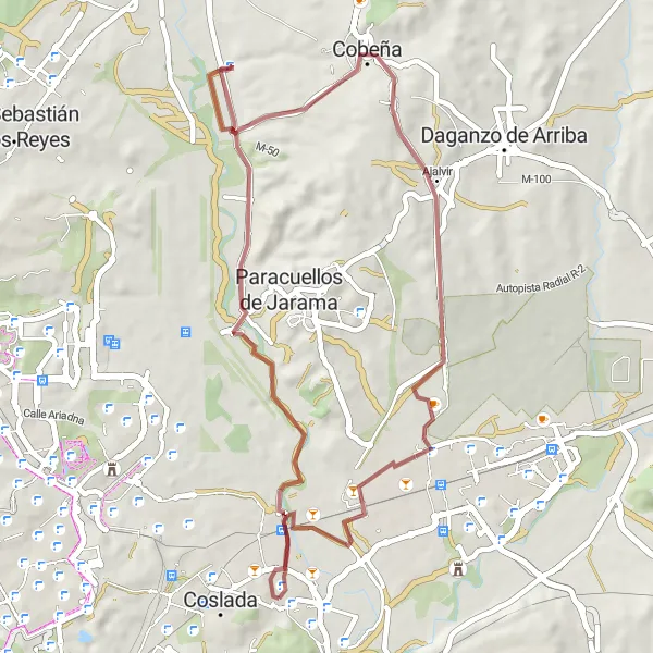 Map miniature of "Gravel Route through Las Castellanas and Torrejón de Ardoz" cycling inspiration in Comunidad de Madrid, Spain. Generated by Tarmacs.app cycling route planner