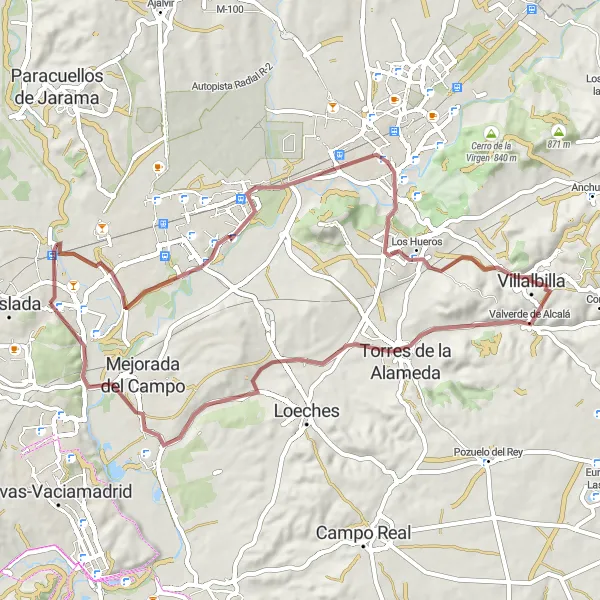 Map miniature of "Gravel Adventure to Alcalá de Henares and Velilla de San Antonio" cycling inspiration in Comunidad de Madrid, Spain. Generated by Tarmacs.app cycling route planner
