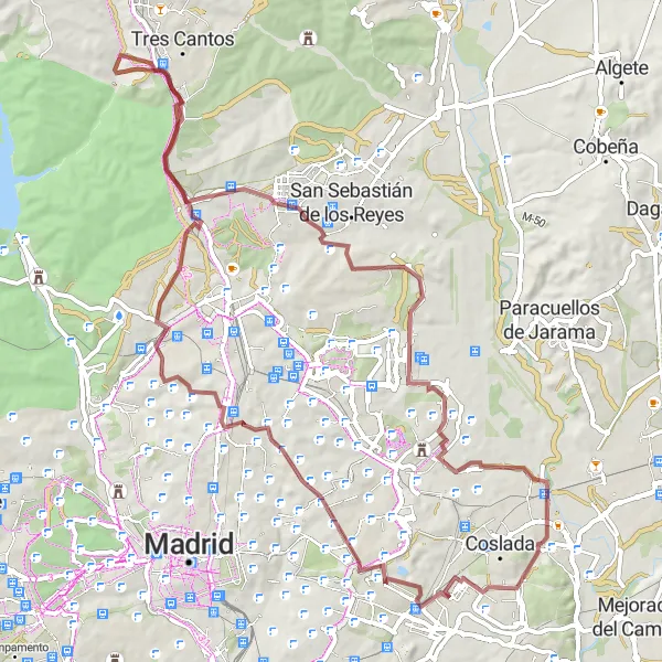Map miniature of "Gravel Route to Mirador Barajas T4" cycling inspiration in Comunidad de Madrid, Spain. Generated by Tarmacs.app cycling route planner