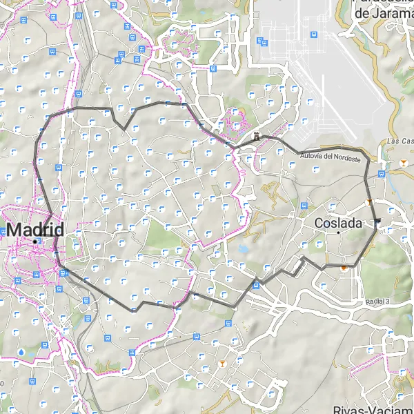 Miniatua del mapa de inspiración ciclista "Ruta en bicicleta por Vicálvaro y Madrid" en Comunidad de Madrid, Spain. Generado por Tarmacs.app planificador de rutas ciclistas