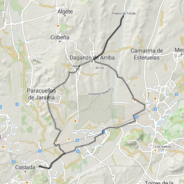 Map miniature of "Road Cycling Route to Los Berrocales del Jarama and La Garena" cycling inspiration in Comunidad de Madrid, Spain. Generated by Tarmacs.app cycling route planner