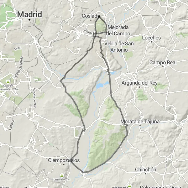 Miniatua del mapa de inspiración ciclista "Ruta en bicicleta por Rivas y San Martín de la Vega" en Comunidad de Madrid, Spain. Generado por Tarmacs.app planificador de rutas ciclistas