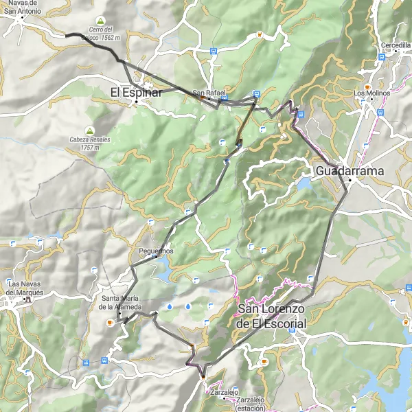 Map miniature of "San Lorenzo de El Escorial and Surroundings" cycling inspiration in Comunidad de Madrid, Spain. Generated by Tarmacs.app cycling route planner