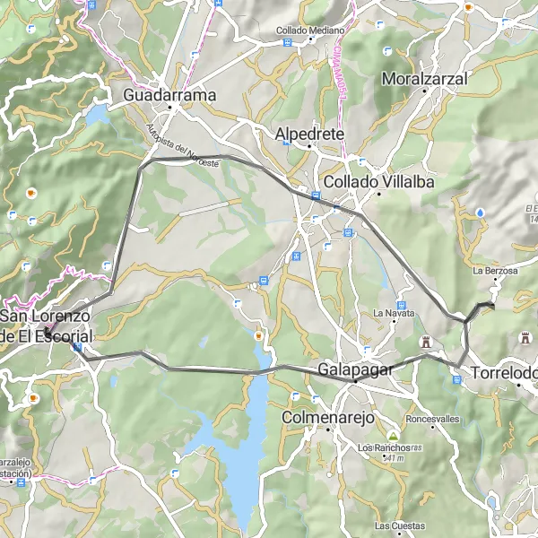 Map miniature of "Road Route near Real Monasterio de San Lorenzo de El Escorial" cycling inspiration in Comunidad de Madrid, Spain. Generated by Tarmacs.app cycling route planner