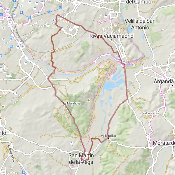 Miniatua del mapa de inspiración ciclista "Ruta Escénica por Vallequillas y Arganda" en Comunidad de Madrid, Spain. Generado por Tarmacs.app planificador de rutas ciclistas