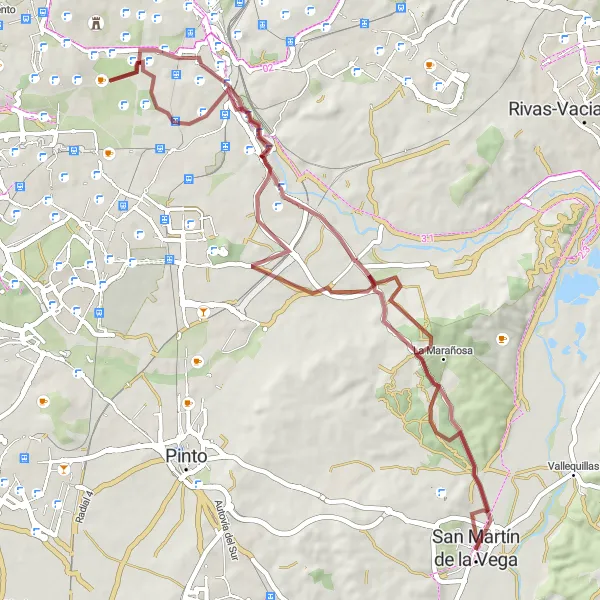 Miniatua del mapa de inspiración ciclista "Ruta escénica en gravel cerca de San Martín de la Vega" en Comunidad de Madrid, Spain. Generado por Tarmacs.app planificador de rutas ciclistas