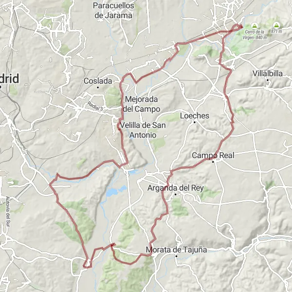 Miniatua del mapa de inspiración ciclista "Ruta Aventura por Torres de la Alameda y Campo Real" en Comunidad de Madrid, Spain. Generado por Tarmacs.app planificador de rutas ciclistas