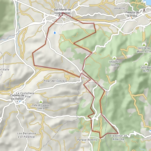 Miniatura mapy "Krótka wycieczka gravelowa wokół San Martín de Valdeiglesias" - trasy rowerowej w Comunidad de Madrid, Spain. Wygenerowane przez planer tras rowerowych Tarmacs.app