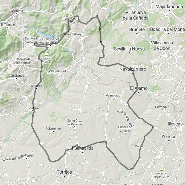 Miniatuurkaart van de fietsinspiratie "Wielrennen door schilderachtige dorpen en natuurlijke landschappen" in Comunidad de Madrid, Spain. Gemaakt door de Tarmacs.app fietsrouteplanner