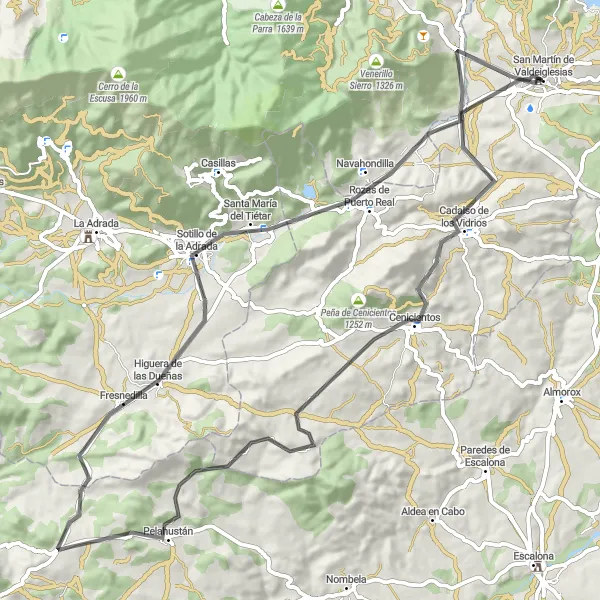 Miniatura mapy "Wycieczki rowerowe do malowniczych miejsc w okolicy San Martín de Valdeiglesias" - trasy rowerowej w Comunidad de Madrid, Spain. Wygenerowane przez planer tras rowerowych Tarmacs.app