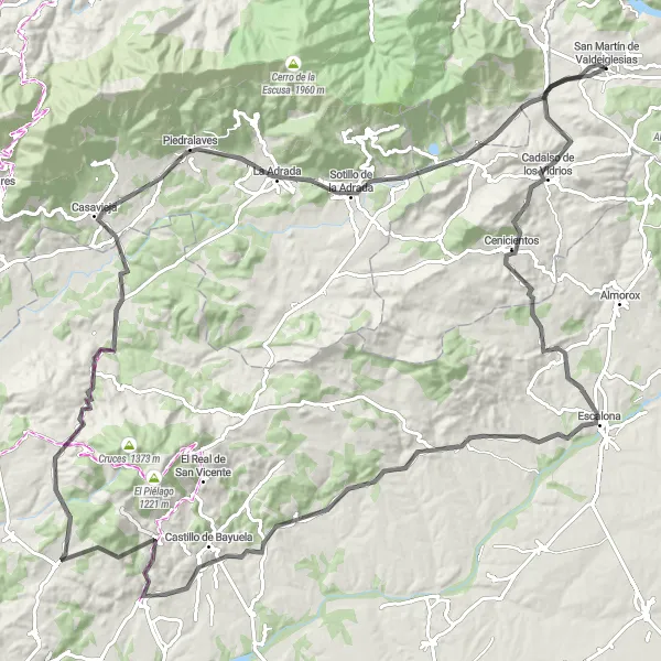 Miniatua del mapa de inspiración ciclista "Ruta en bicicleta de carretera desde San Martín de Valdeiglesias a través de montañas majestuosas" en Comunidad de Madrid, Spain. Generado por Tarmacs.app planificador de rutas ciclistas