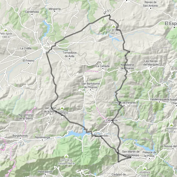 Map miniature of "San Martín de Valdeiglesias Circular" cycling inspiration in Comunidad de Madrid, Spain. Generated by Tarmacs.app cycling route planner