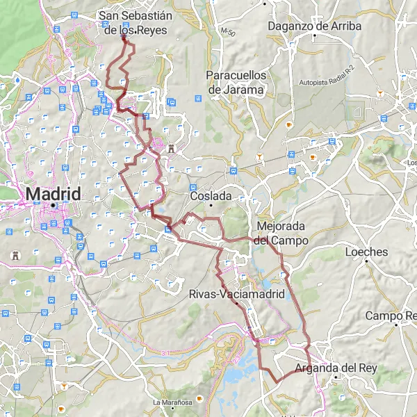 Miniatua del mapa de inspiración ciclista "Ruta de ciclismo de gravel desde San Sebastián de los Reyes" en Comunidad de Madrid, Spain. Generado por Tarmacs.app planificador de rutas ciclistas
