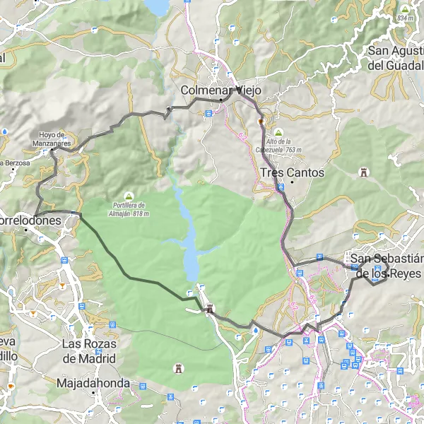 Miniatua del mapa de inspiración ciclista "Ruta de Ciclismo de Carretera por San Sebastián de los Reyes" en Comunidad de Madrid, Spain. Generado por Tarmacs.app planificador de rutas ciclistas