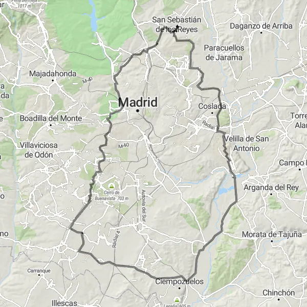 Miniatua del mapa de inspiración ciclista "Ruta de ciclismo de carretera de larga distancia desde San Sebastián de los Reyes" en Comunidad de Madrid, Spain. Generado por Tarmacs.app planificador de rutas ciclistas