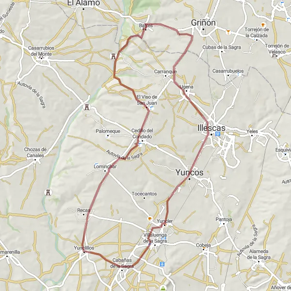 Map miniature of "Gravel Through History" cycling inspiration in Comunidad de Madrid, Spain. Generated by Tarmacs.app cycling route planner