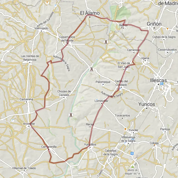 Miniatura mapy "Pętla rowerowa El Viso de San Juan - Castillo de Batres" - trasy rowerowej w Comunidad de Madrid, Spain. Wygenerowane przez planer tras rowerowych Tarmacs.app