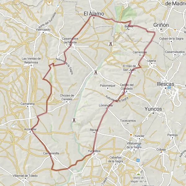 Map miniature of "Gravel Route: From Serranillos del Valle to Camarenilla" cycling inspiration in Comunidad de Madrid, Spain. Generated by Tarmacs.app cycling route planner