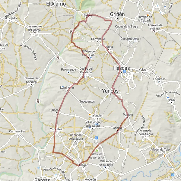 Miniatuurkaart van de fietsinspiratie "Gravelroute rond Serranillos del Valle" in Comunidad de Madrid, Spain. Gemaakt door de Tarmacs.app fietsrouteplanner