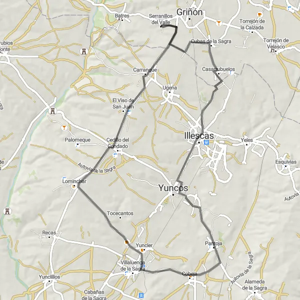 Map miniature of "Hills and Towns" cycling inspiration in Comunidad de Madrid, Spain. Generated by Tarmacs.app cycling route planner