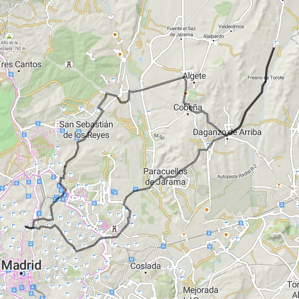 Miniatuurkaart van de fietsinspiratie "Wegroute naar Tetuán de las Victorias" in Comunidad de Madrid, Spain. Gemaakt door de Tarmacs.app fietsrouteplanner