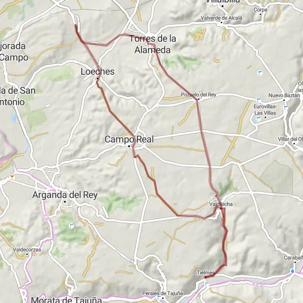 Map miniature of "Gravel Adventure through Eastern Madrid" cycling inspiration in Comunidad de Madrid, Spain. Generated by Tarmacs.app cycling route planner