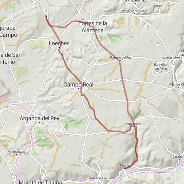 Miniatuurkaart van de fietsinspiratie "Gravelroutes rond Tielmes" in Comunidad de Madrid, Spain. Gemaakt door de Tarmacs.app fietsrouteplanner