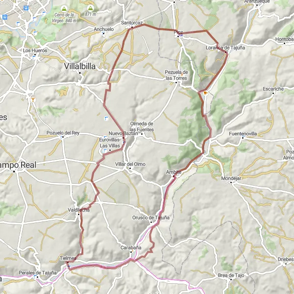 Map miniature of "Discover the Gravel Trails of Valdilecha" cycling inspiration in Comunidad de Madrid, Spain. Generated by Tarmacs.app cycling route planner