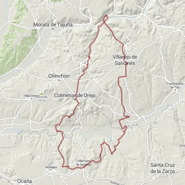Map miniature of "Gravel Adventure to Villarejo de Salvanés" cycling inspiration in Comunidad de Madrid, Spain. Generated by Tarmacs.app cycling route planner