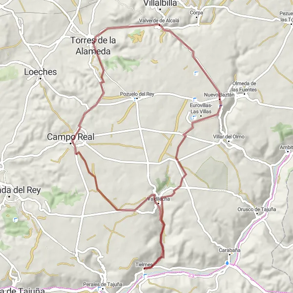 Miniatua del mapa de inspiración ciclista "Ruta en gravilla cerca de Tielmes" en Comunidad de Madrid, Spain. Generado por Tarmacs.app planificador de rutas ciclistas
