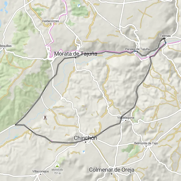 Miniatura mapy "Trasa wokół Tielmes na szosie" - trasy rowerowej w Comunidad de Madrid, Spain. Wygenerowane przez planer tras rowerowych Tarmacs.app