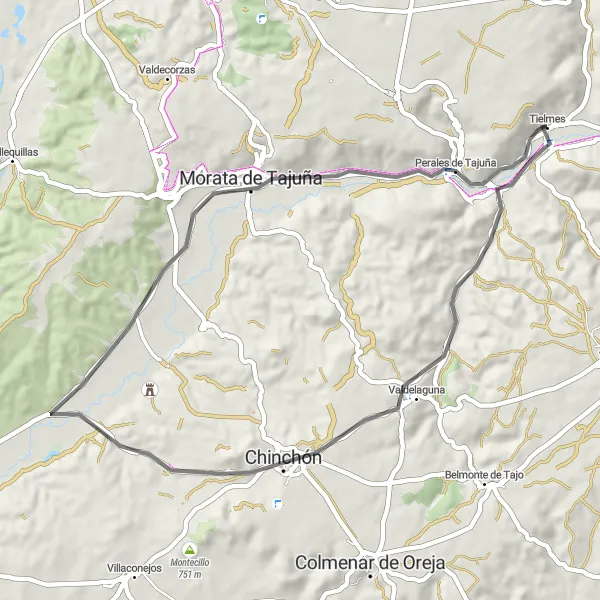 Miniatua del mapa de inspiración ciclista "Ruta en bici de carretera Tielmes - Valdelaguna - Chinchón - Morata de Tajuña - Perales de Tajuña" en Comunidad de Madrid, Spain. Generado por Tarmacs.app planificador de rutas ciclistas